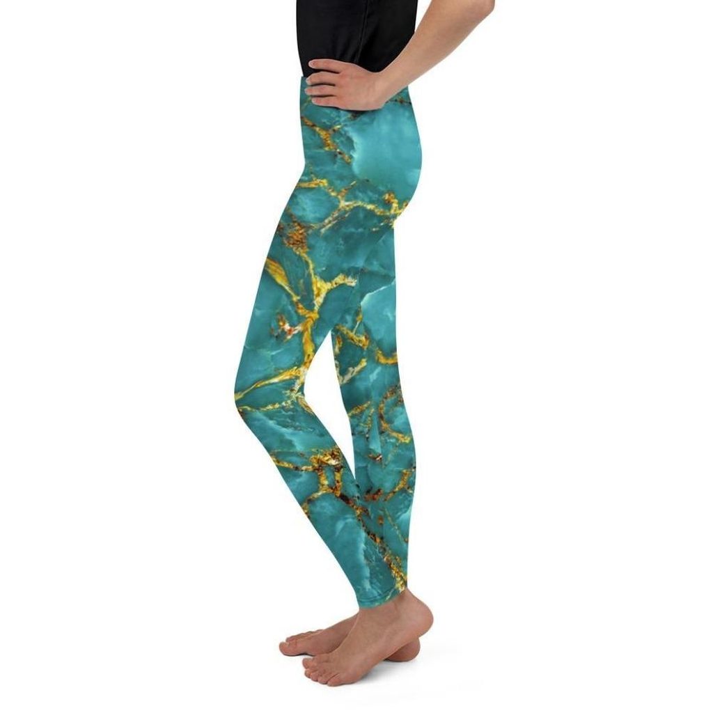 Turquoise & Gold Marble Youth Leggings