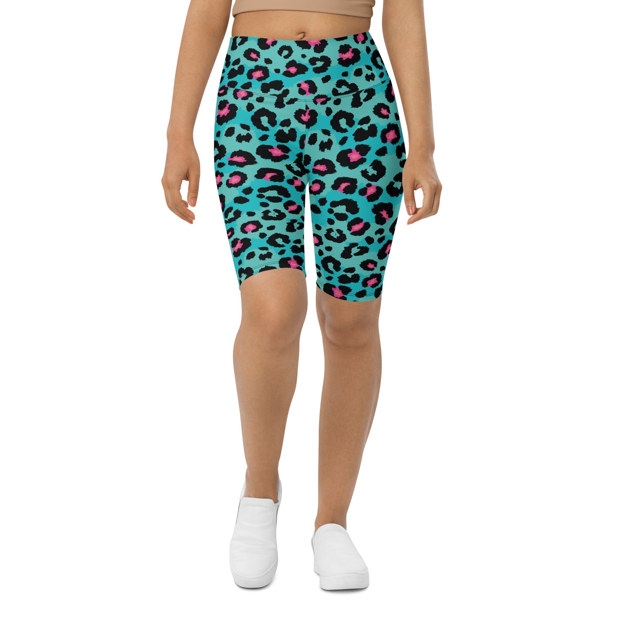 Turquoise Leopard Print Biker Shorts