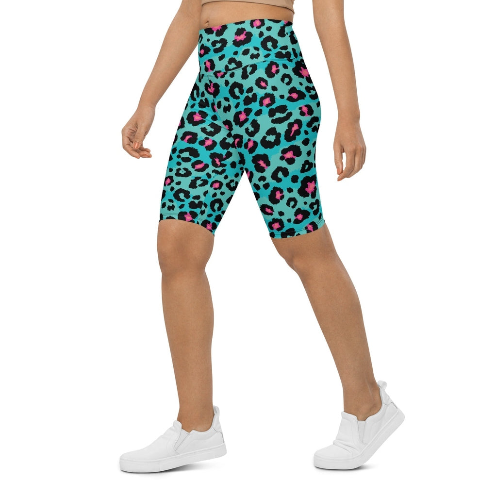 Turquoise Leopard Print Biker Shorts