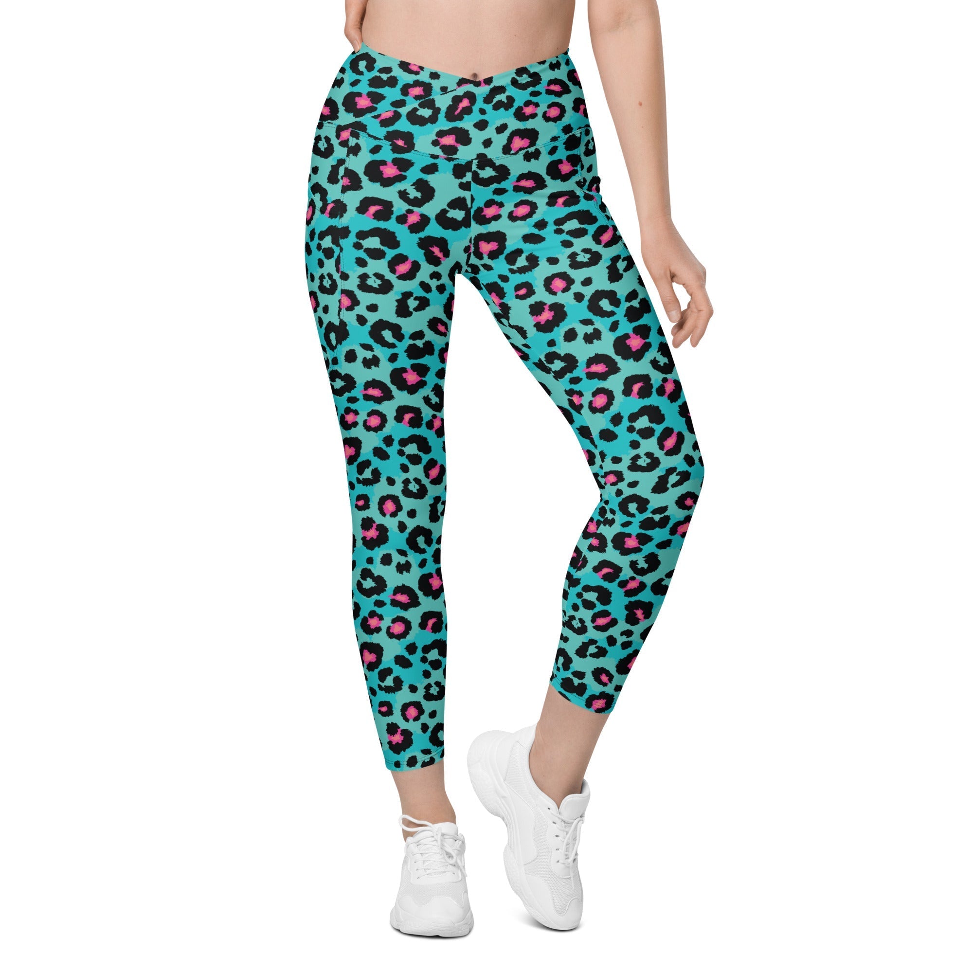 Turquoise Leopard Print Crossover Leggings With Pockets