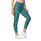 Turquoise Leopard Print Crossover Leggings With Pockets