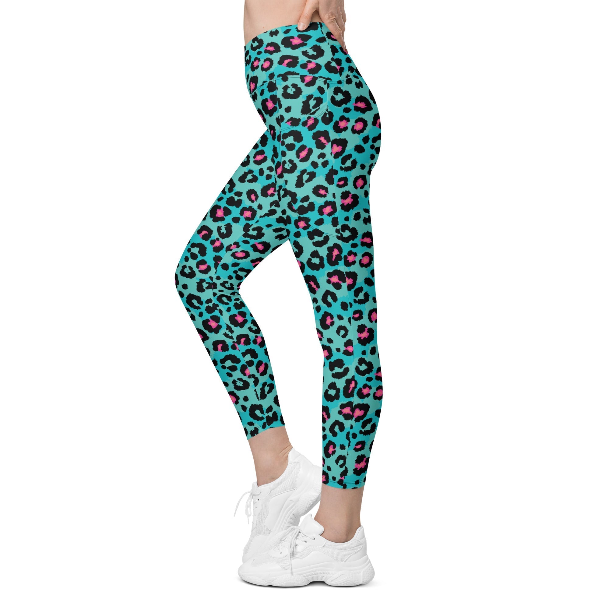 Turquoise Leopard Print Crossover Leggings With Pockets