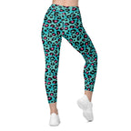 Turquoise Leopard Print Crossover Leggings With Pockets