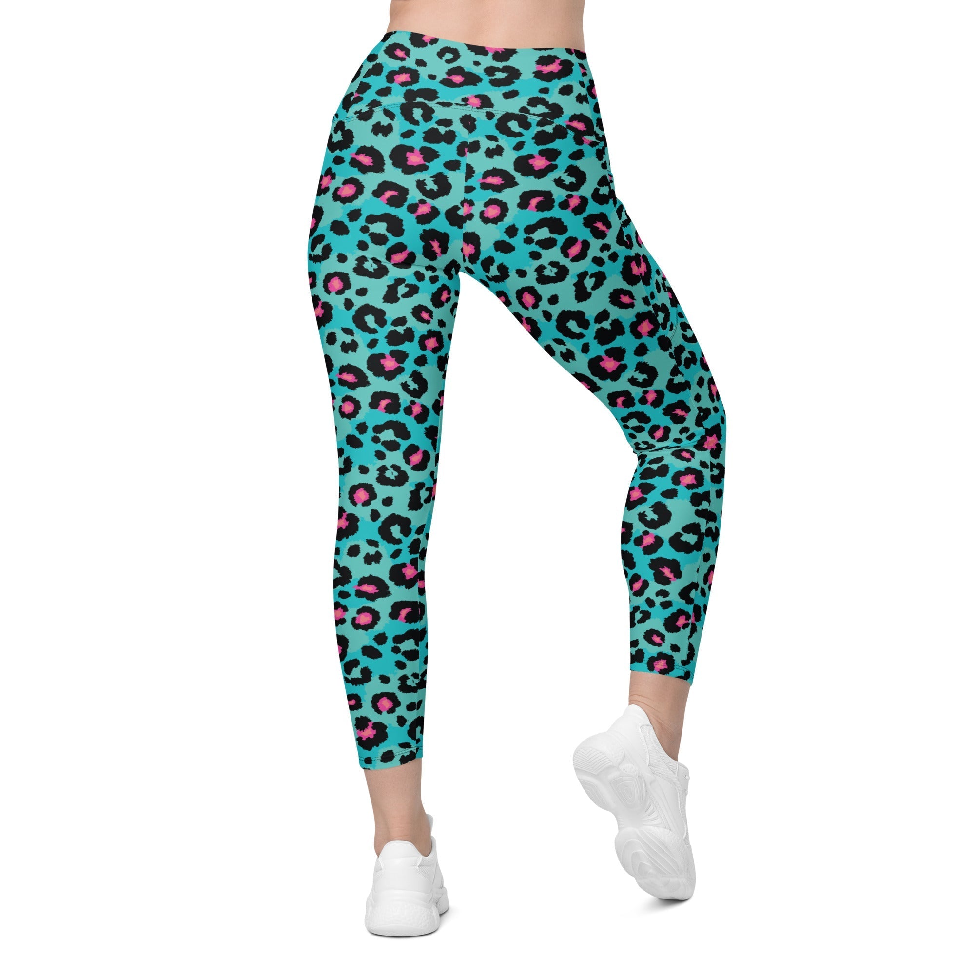 Turquoise Leopard Print Crossover Leggings With Pockets