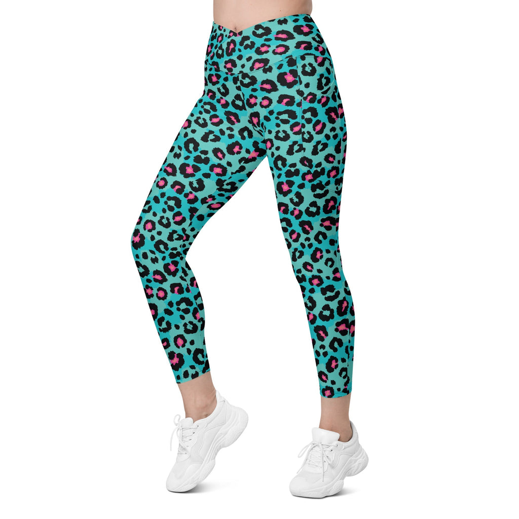 Turquoise Leopard Print Crossover Leggings With Pockets