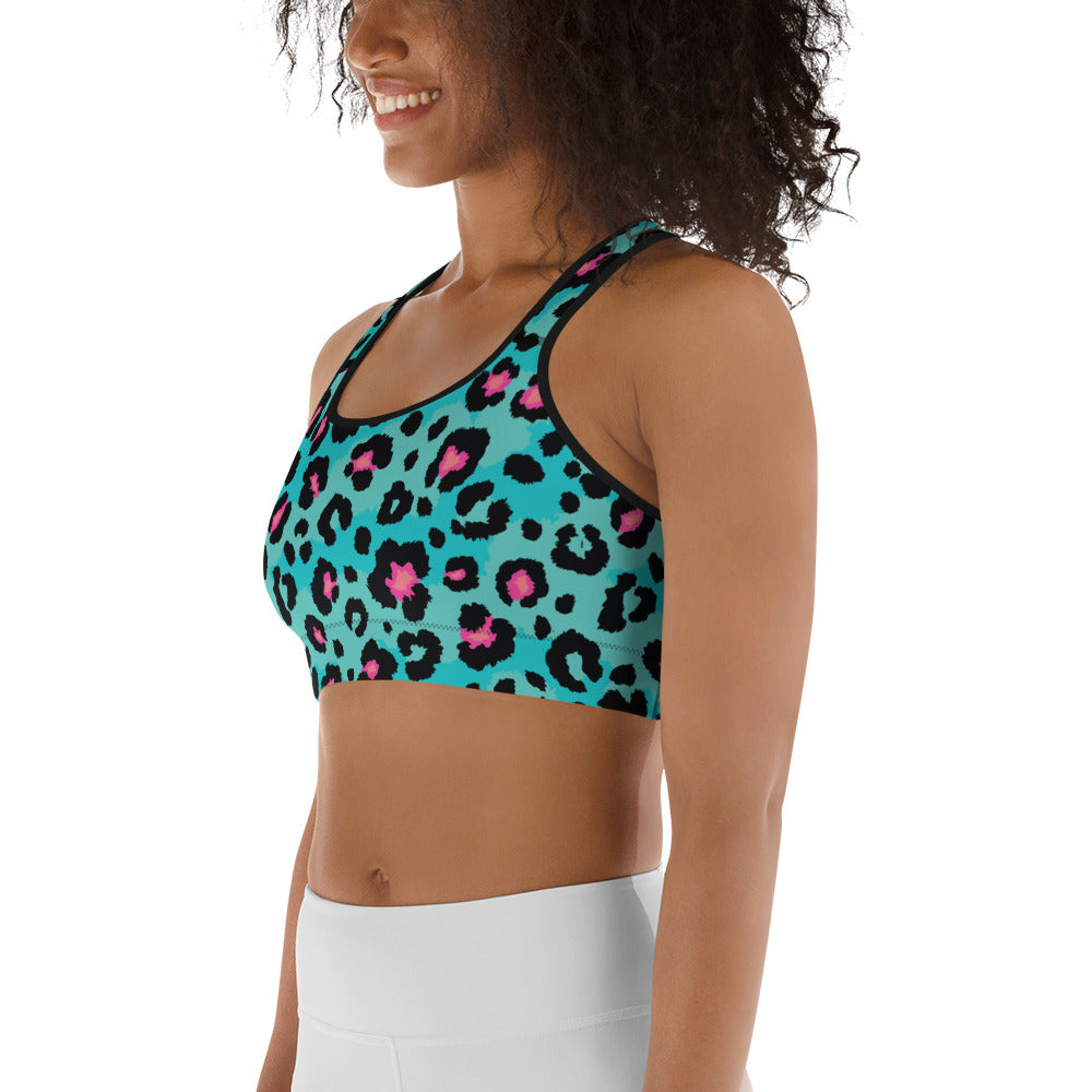 Turquoise Leopard Print Sports Bra