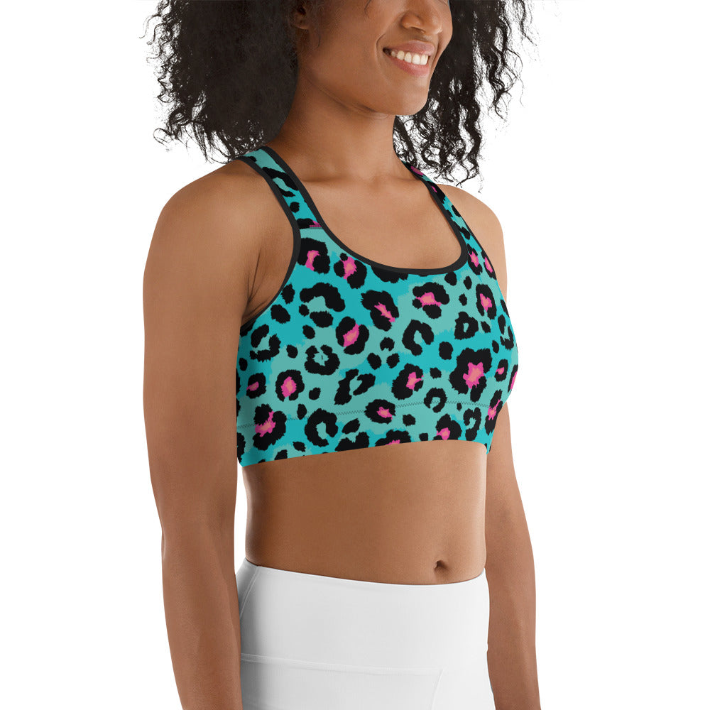 Turquoise Leopard Print Sports Bra