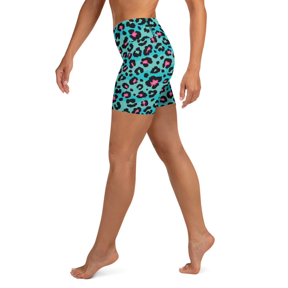 Turquoise Leopard Print Yoga Shorts