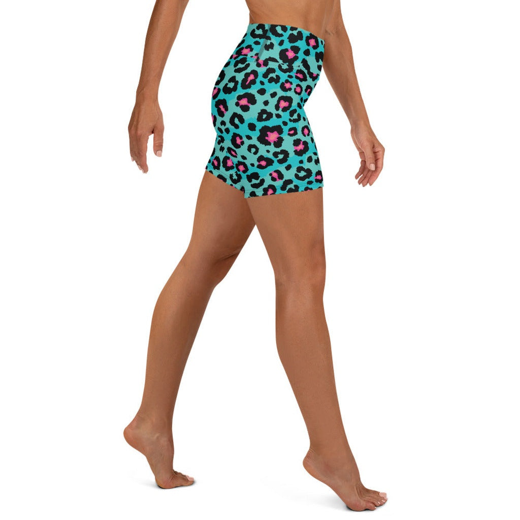 Turquoise Leopard Print Yoga Shorts