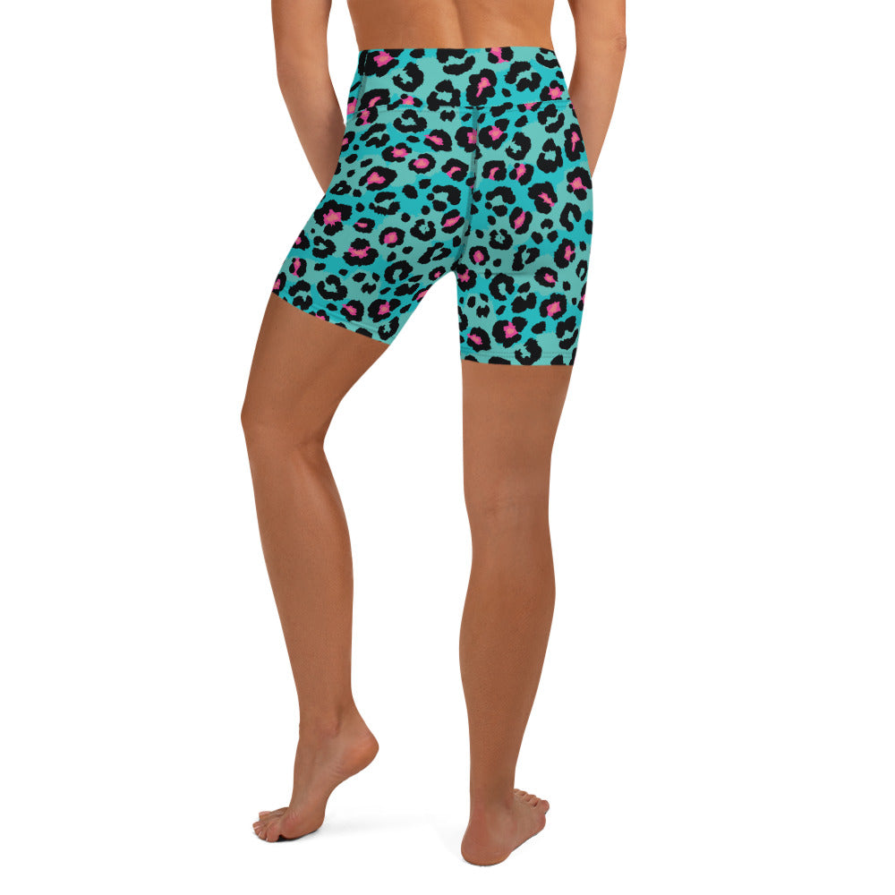 Turquoise Leopard Print Yoga Shorts
