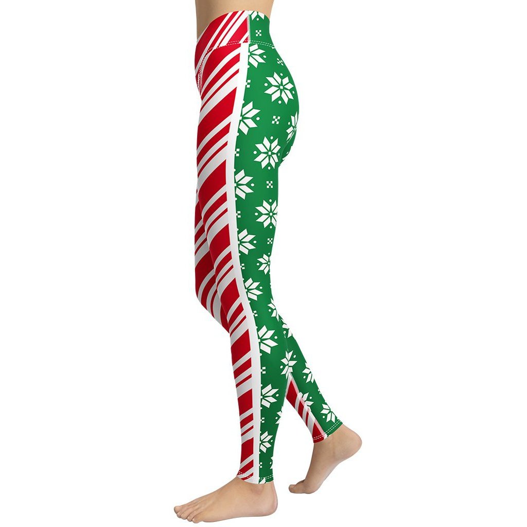 Blue Candy Cane Christmas Leggings Workout Striped Tree Lights