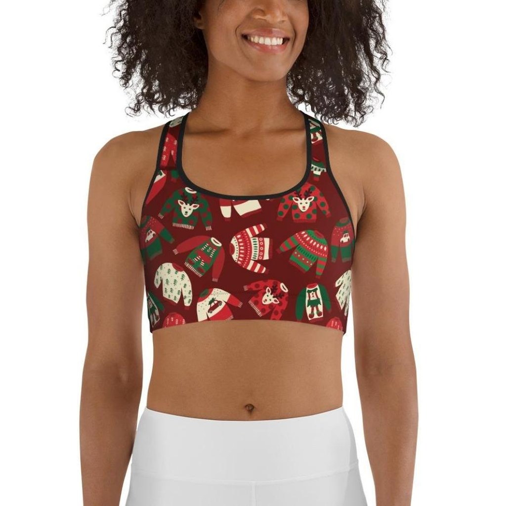 Ugly Christmas Sweater Pattern Sports Bra