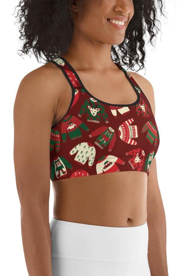 Ugly Christmas Sweater Pattern Sports Bra