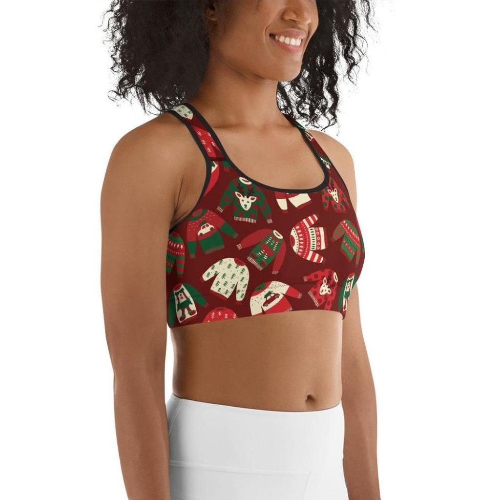 Ugly Christmas Sweater Pattern Sports Bra