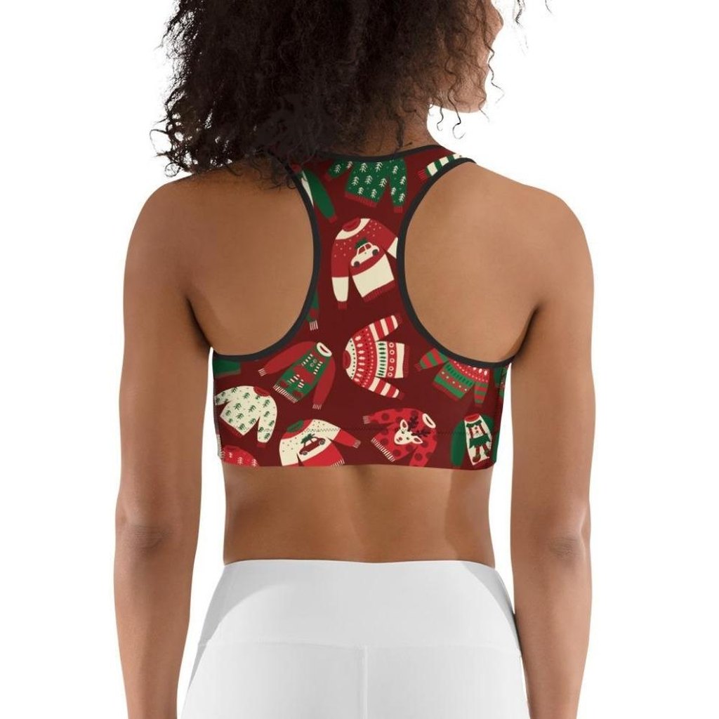 Ugly Christmas Sweater Pattern Sports Bra