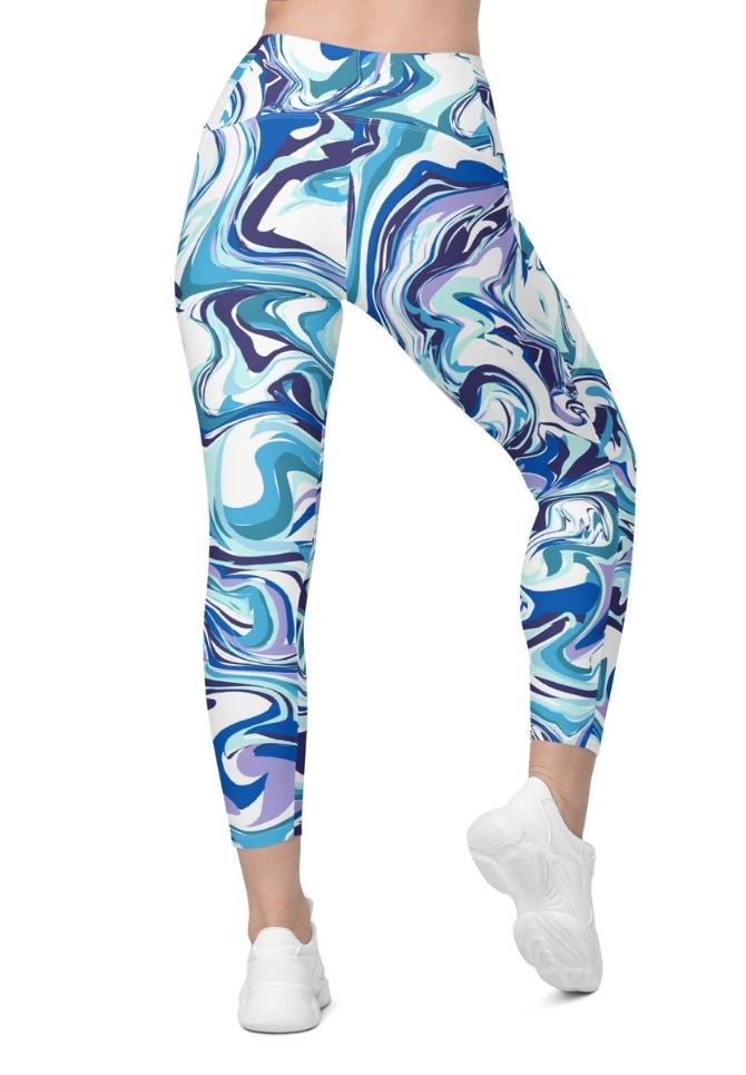 Vibrant Blue Marble Crossover Leggings With Pockets