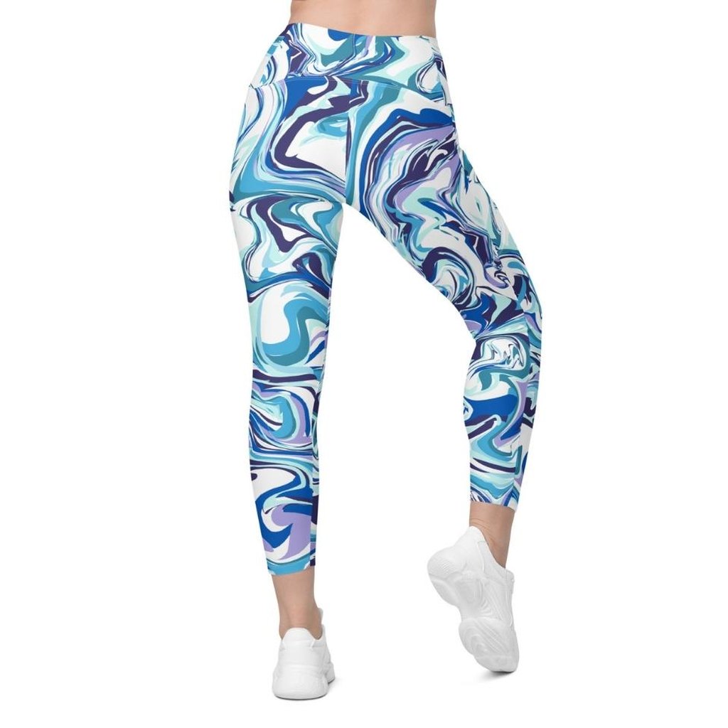 Vibrant Blue Marble Crossover Leggings With Pockets