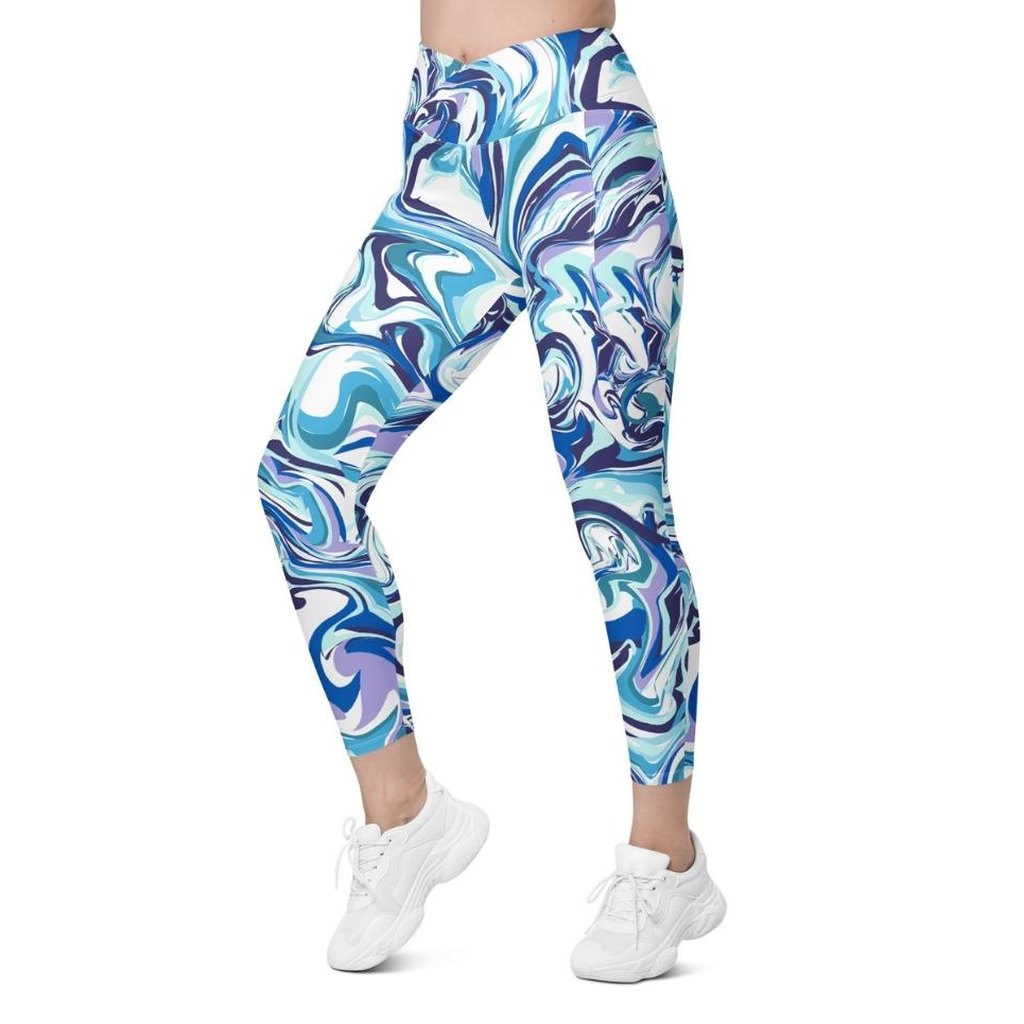 Vibrant Blue Marble Crossover Leggings With Pockets