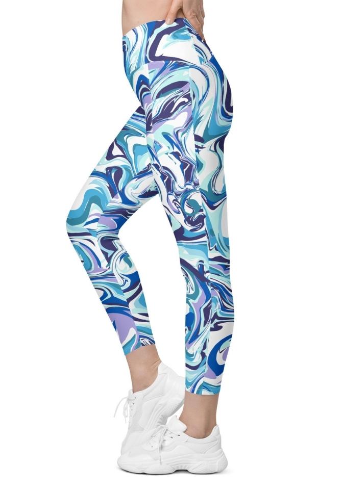 Vibrant Blue Marble Crossover Leggings With Pockets