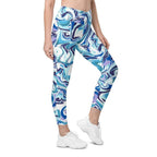 Vibrant Blue Marble Crossover Leggings With Pockets