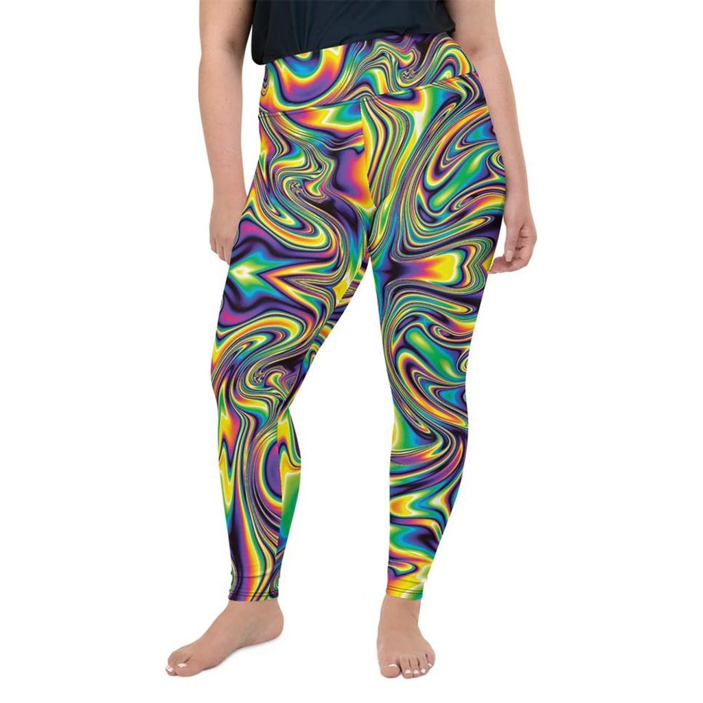 Plus Size Leggings, Trippy Hot Pink, Red and Blue Abstract