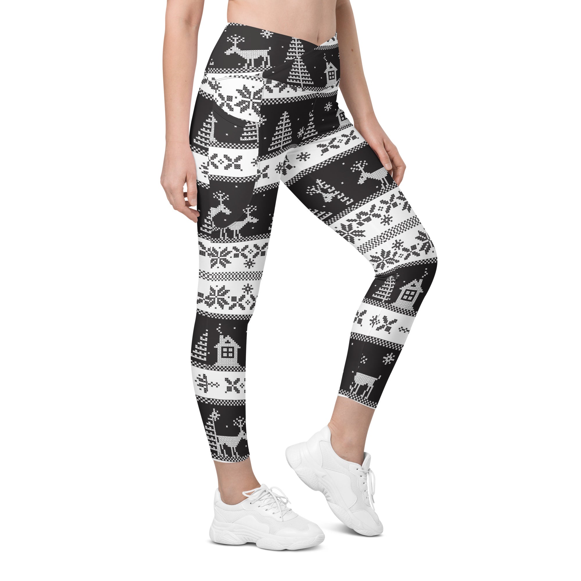 Vintage Black & White Christmas Crossover Leggings With Pockets