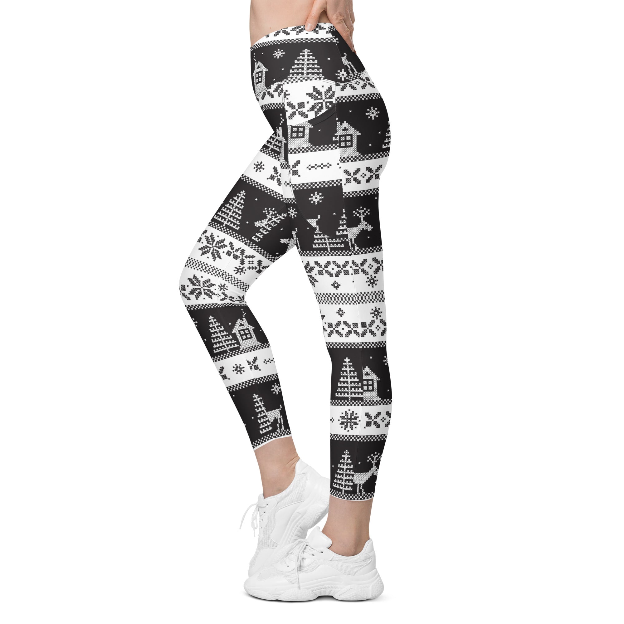 Vintage Black & White Christmas Crossover Leggings With Pockets