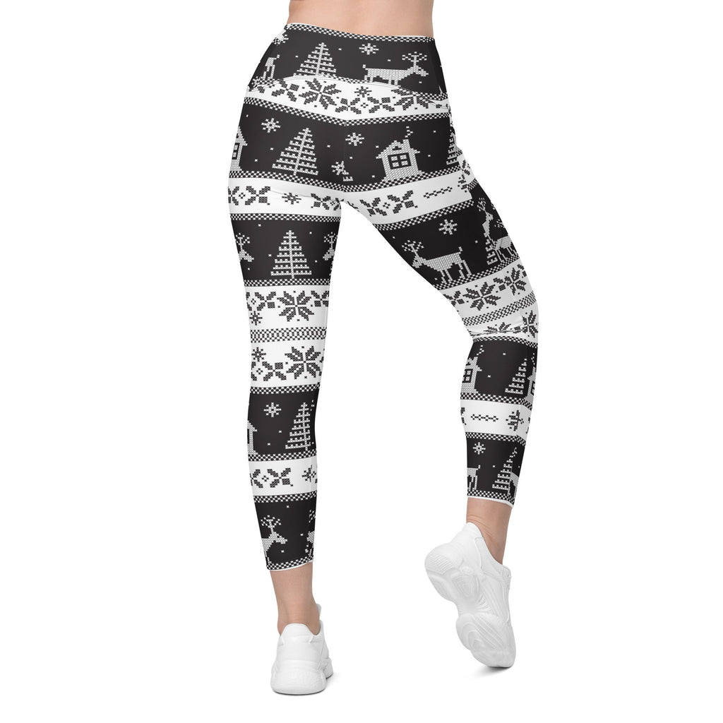 Vintage Black & White Christmas Crossover Leggings With Pockets