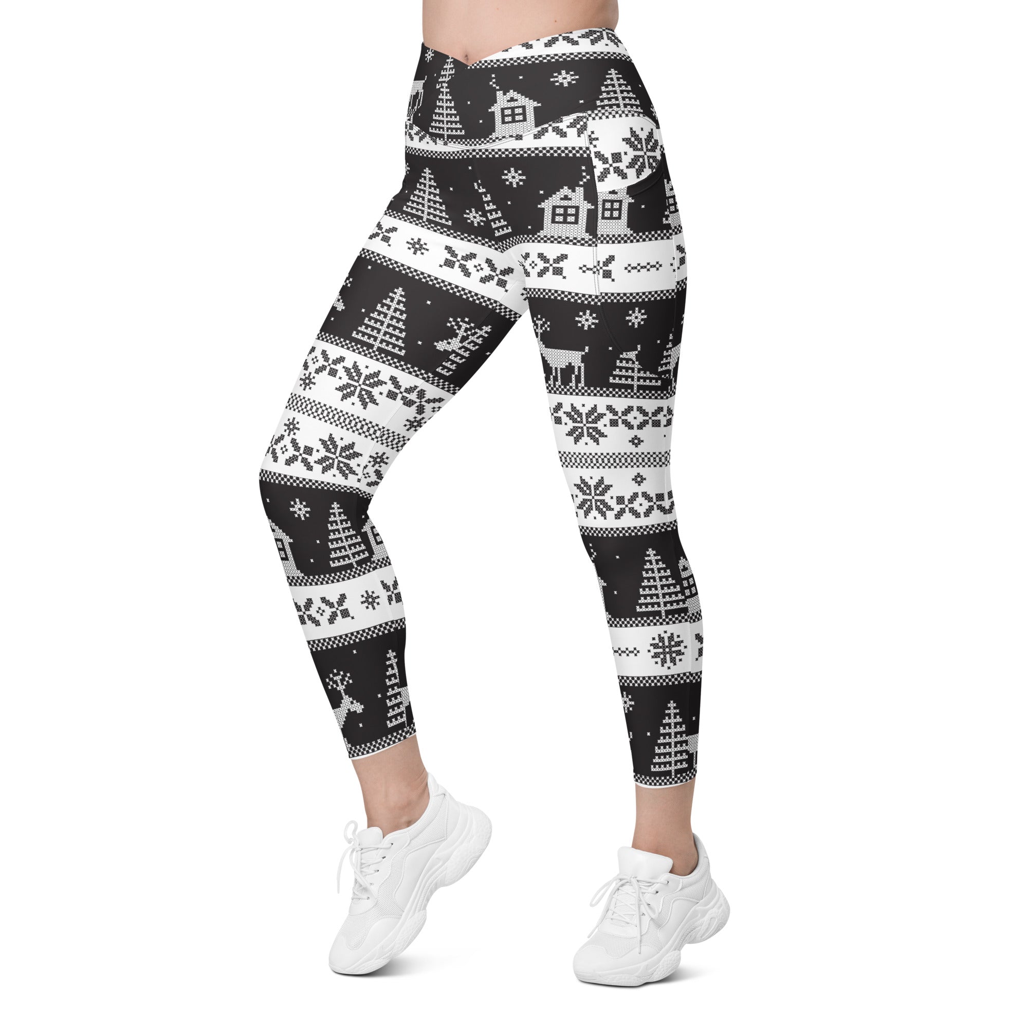 Vintage Black & White Christmas Crossover Leggings With Pockets