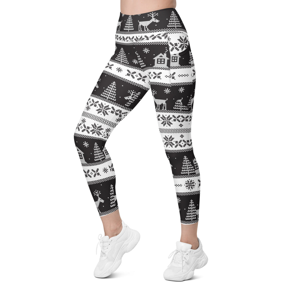 Vintage Black & White Christmas Leggings With Pockets