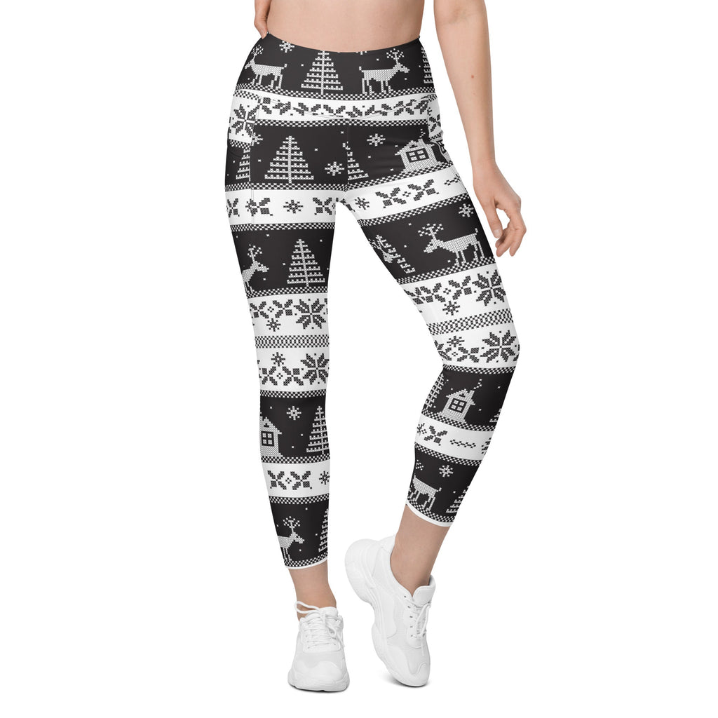 Vintage Black & White Christmas Leggings With Pockets