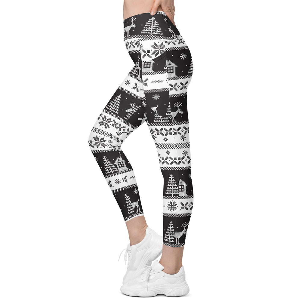 Vintage Black & White Christmas Leggings With Pockets