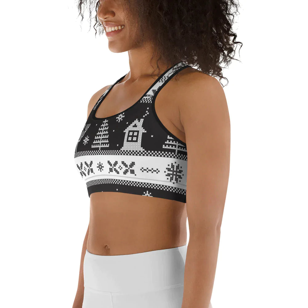 Vintage Black & White Christmas Sports Bra