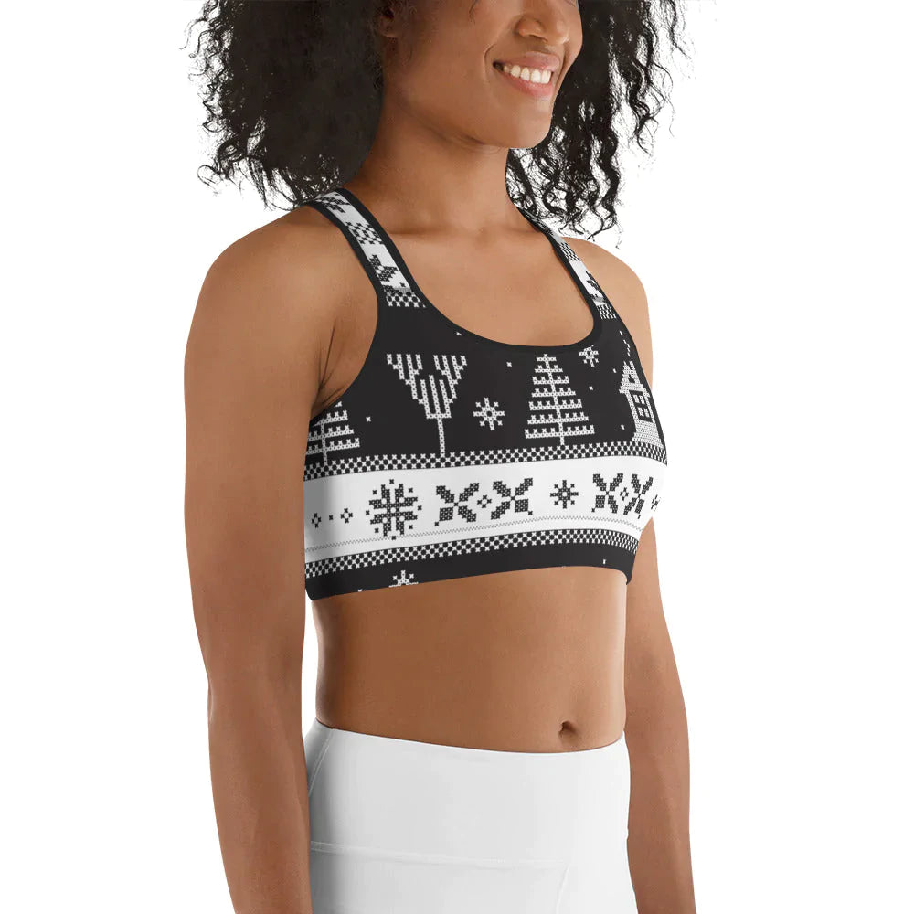 Vintage Black & White Christmas Sports Bra