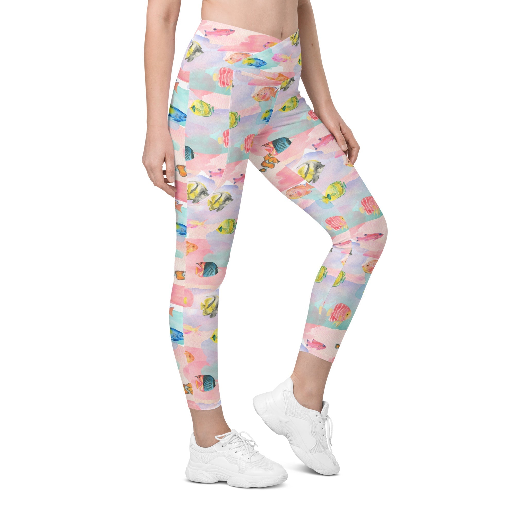 Watercolor Fish Crossover Leggings With Pockets