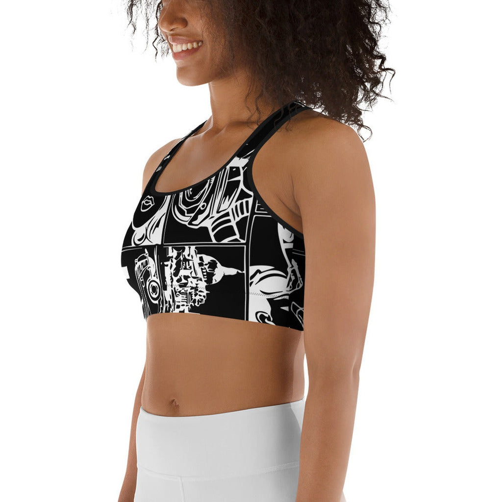 White & Black Comic Book Sports Bra