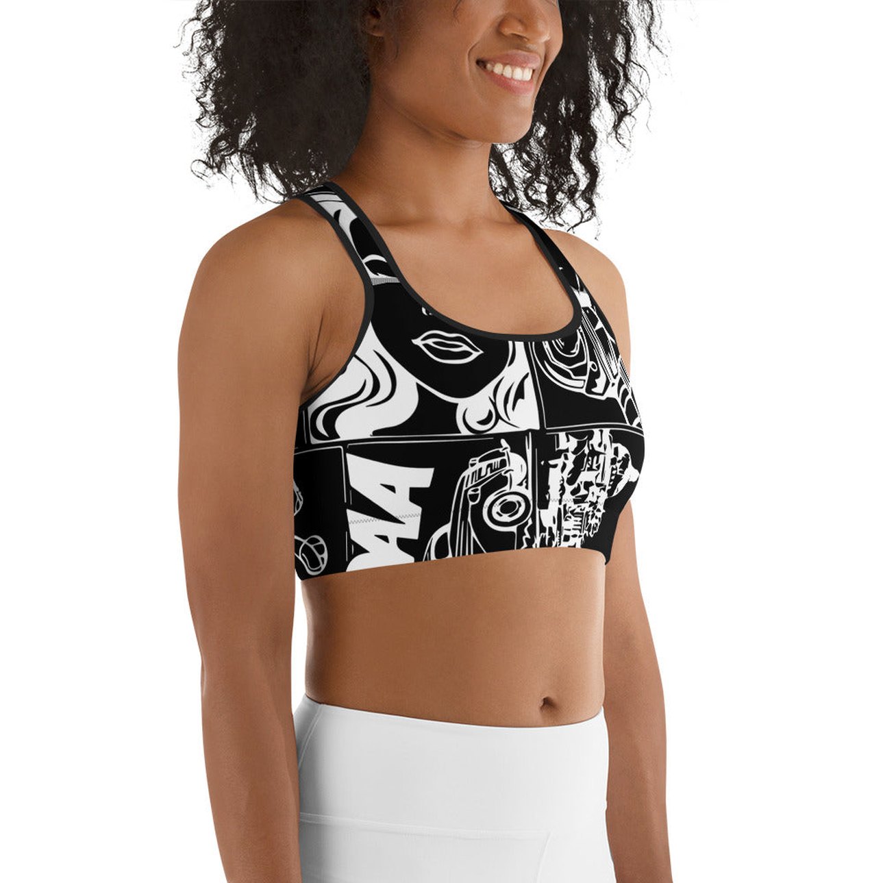 White & Black Comic Book Sports Bra
