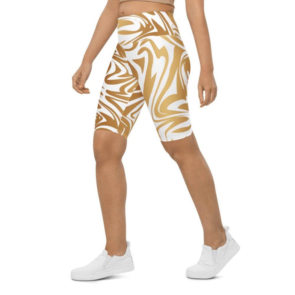 White & Gold Print Biker Shorts