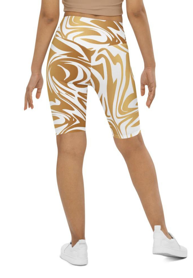 White & Gold Print Biker Shorts