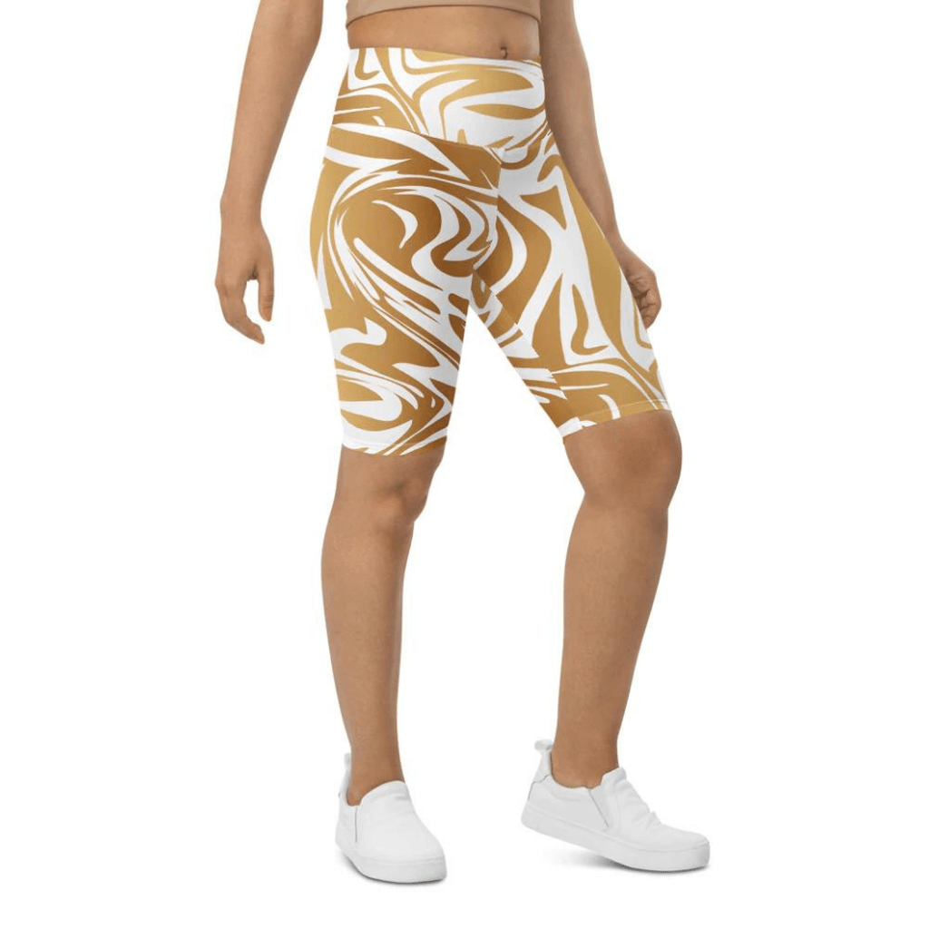 White & Gold Print Biker Shorts