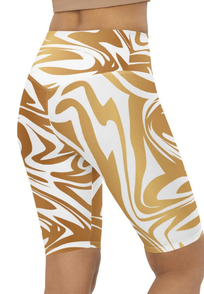 White & Gold Print Biker Shorts