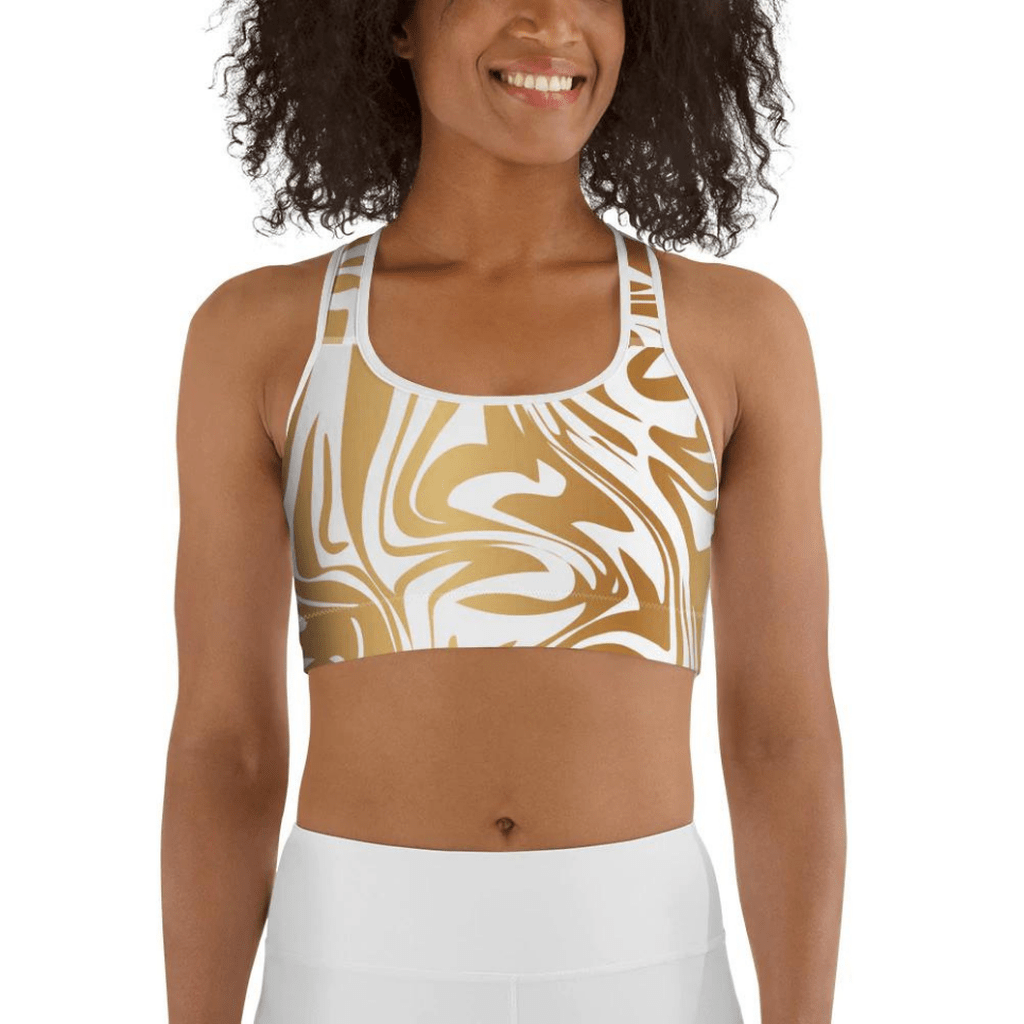 White & Gold Print Sports Bra