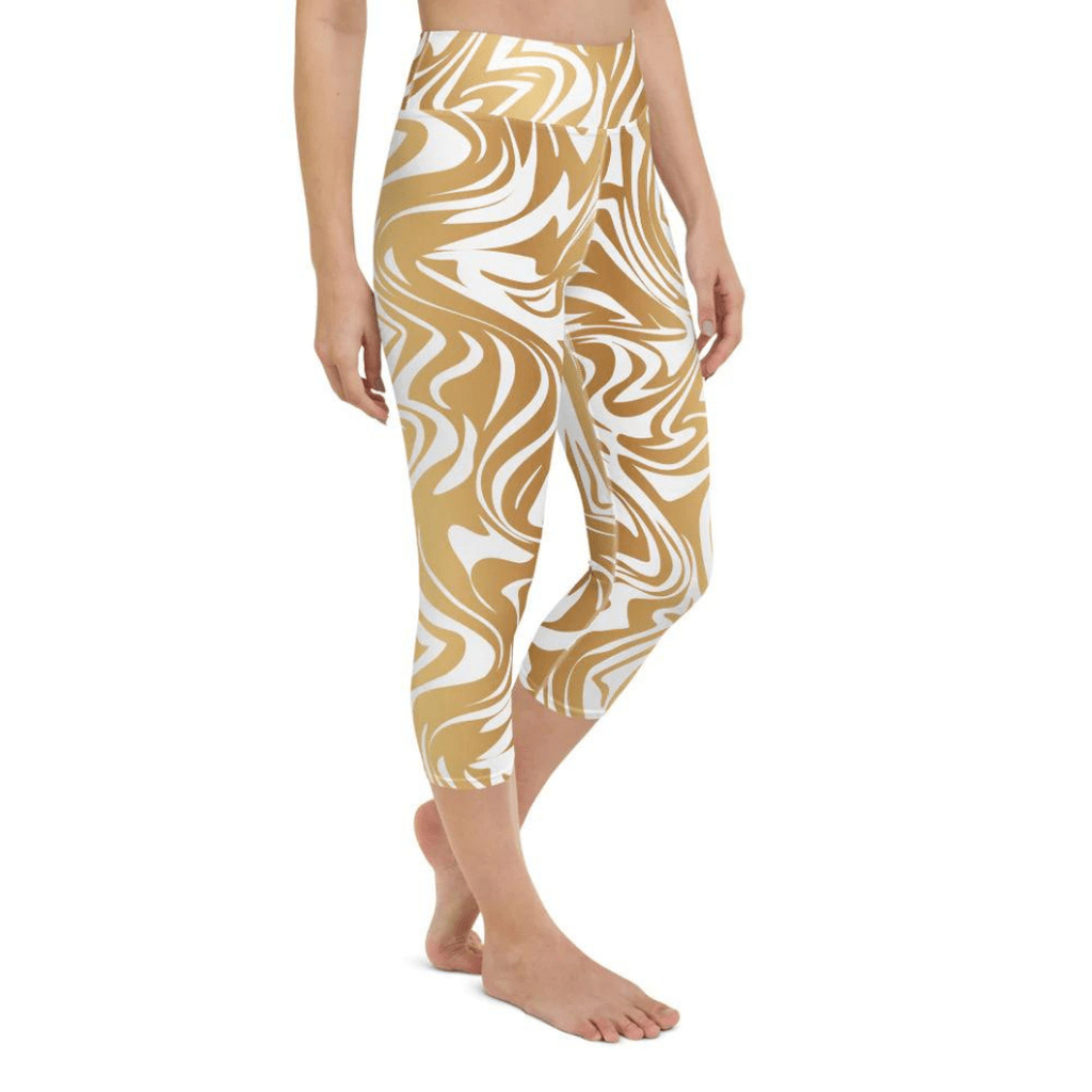 White & Gold Print Yoga Capris