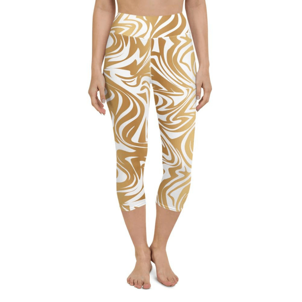 White & Gold Print Yoga Capris