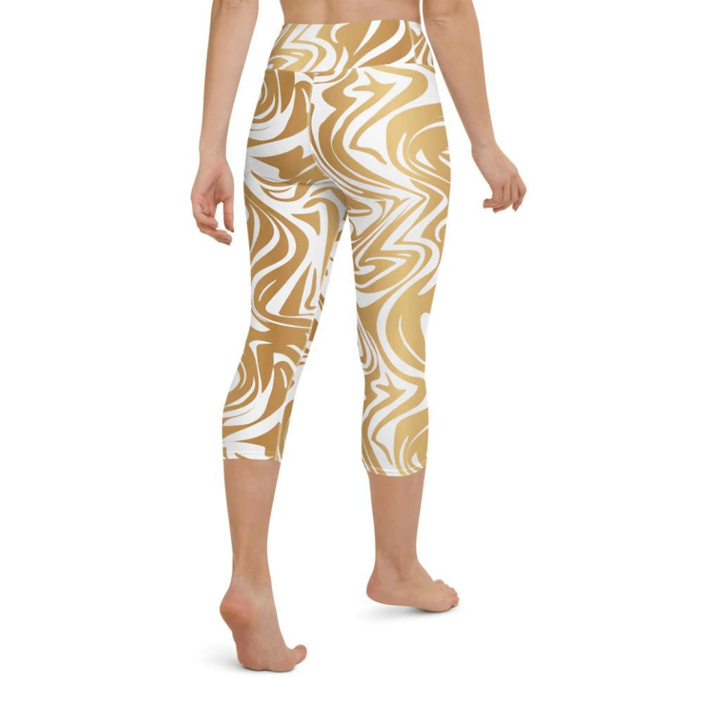 White & Gold Print Yoga Capris