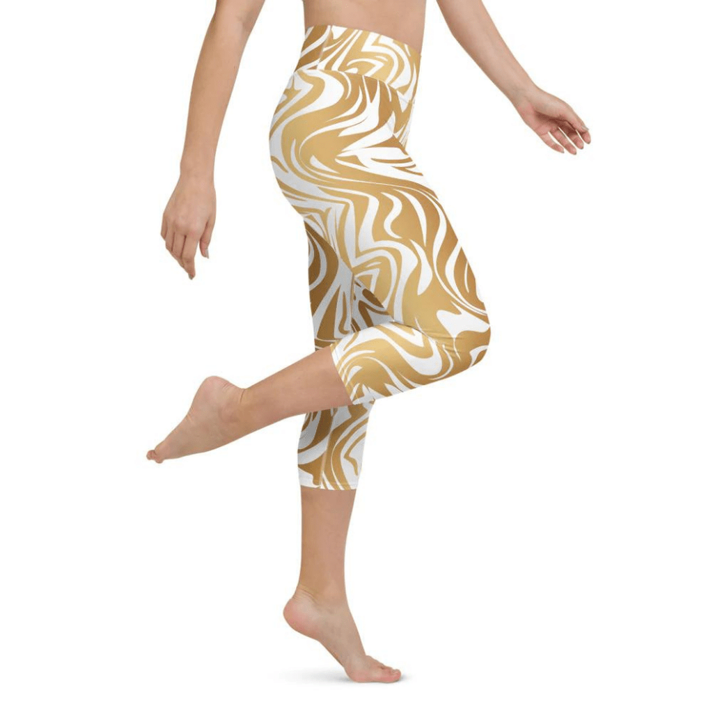 White & Gold Print Yoga Capris