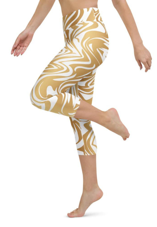 White & Gold Print Yoga Capris