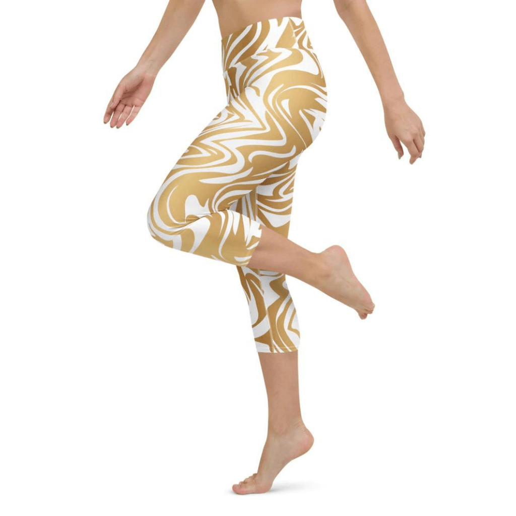 White & Gold Print Yoga Capris