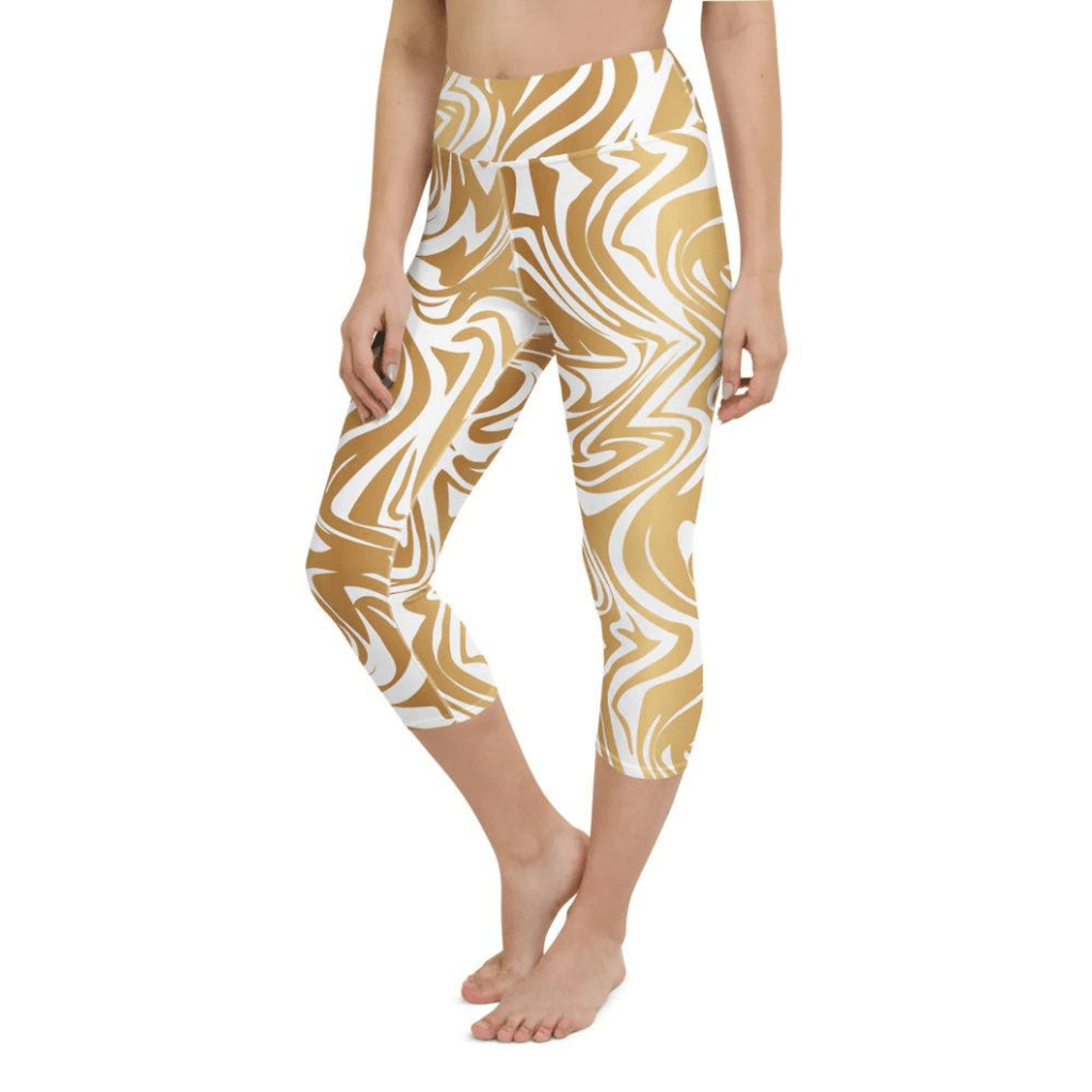 White & Gold Print Yoga Capris